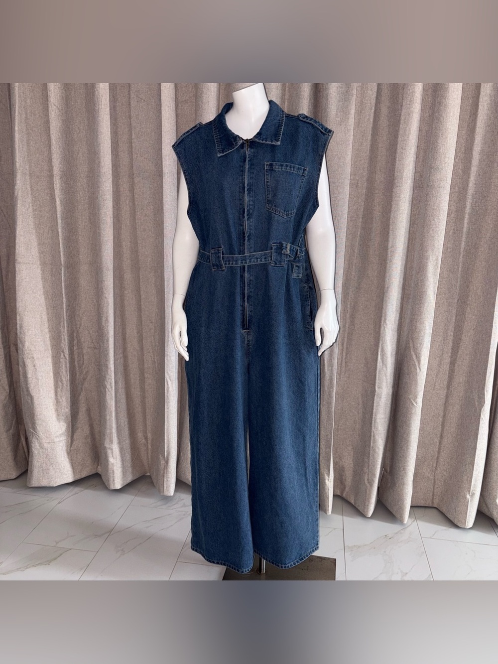 Cider SZ 0XL Dark Blue Sleeveless Denim Jumpsuit with side tie Waist Belt wide🦵🏻